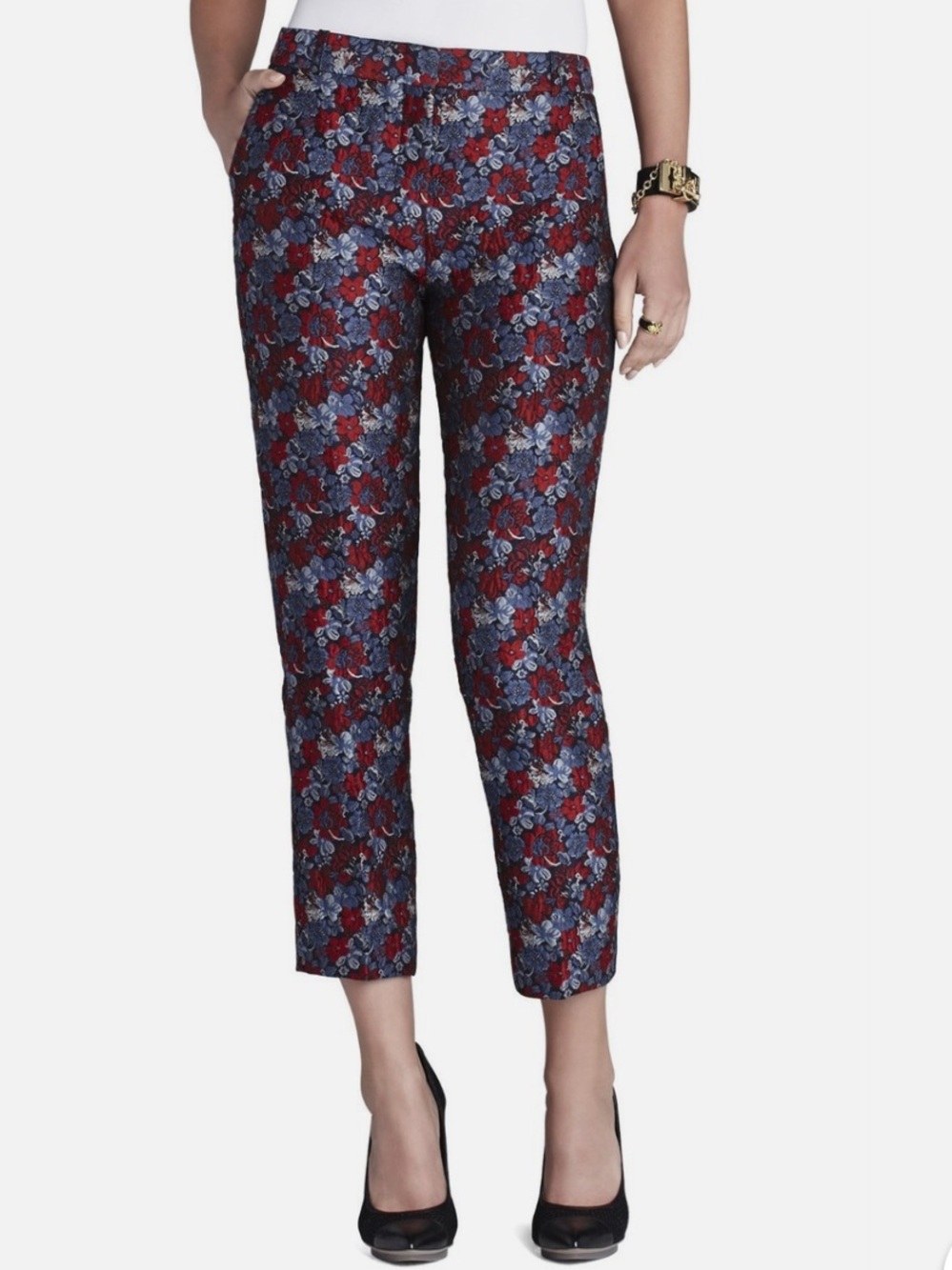 BCBGMaxAzria ALLEN Dark Navy Floral Cropped Slim-Leg Pants Size 4
